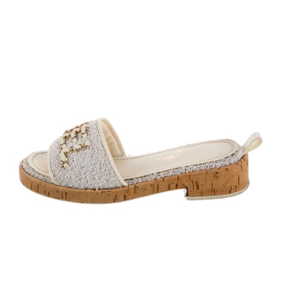 Chanel CC 2021 Chain Pool Tweed Cork Heels Mule Sandals Slides Shoes - Picture 2 of 13
